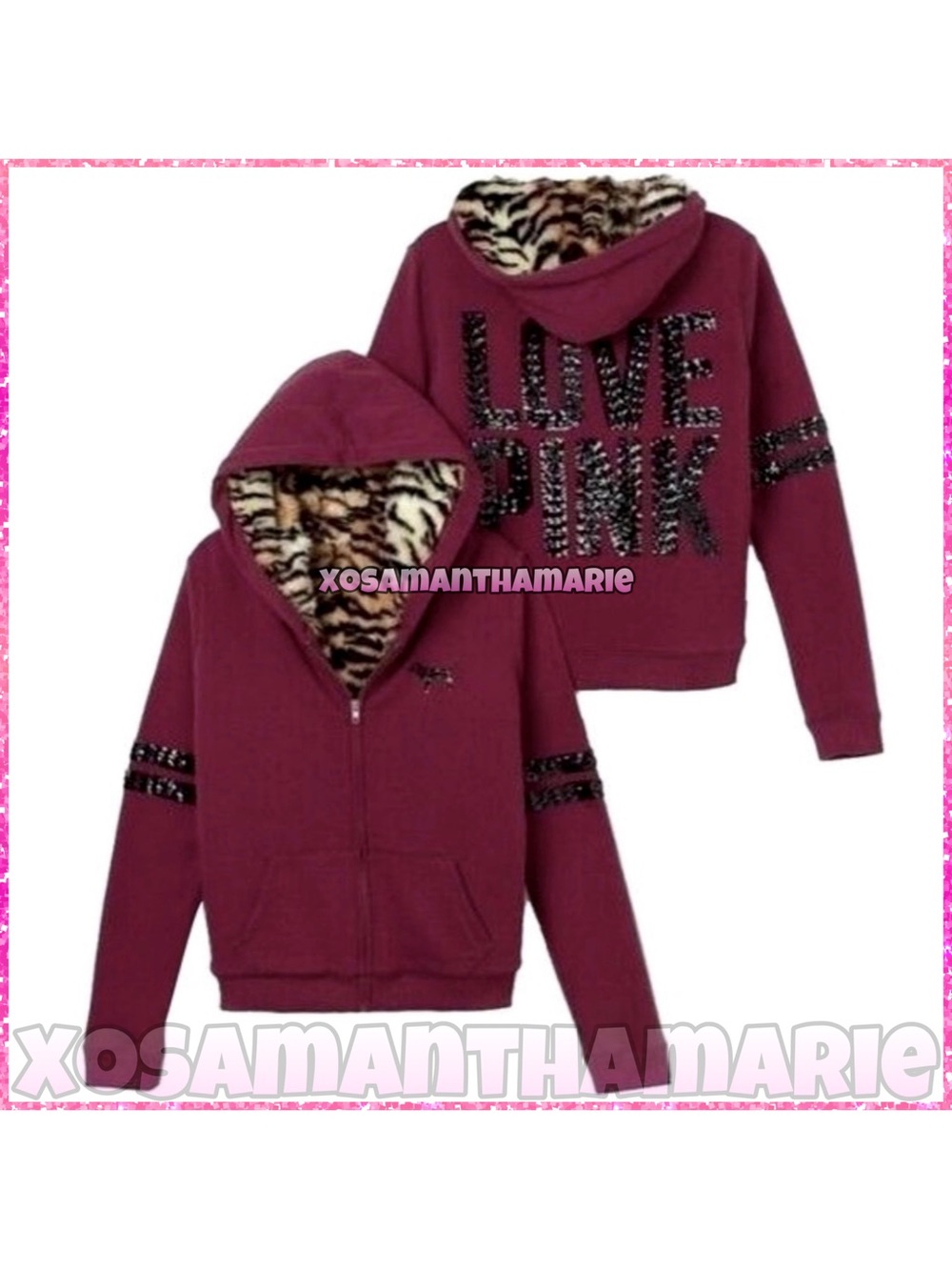VS PINK Rare Y2K Vtg Sequin Bling Tiger Print Faux Fur Hoodie Jacket - Picture 11 of 14